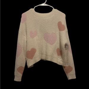 Super soft Heart Patterned Cream and Pink Sweater - Small